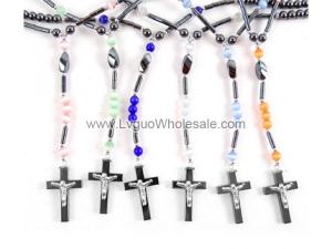 Assorted Color Cat's Eye Opal Beads Hematite Cross Pendant Rosary Necklace Jewelry
